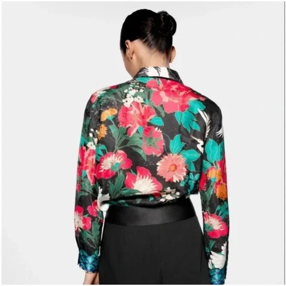 Zara Flowy Blouse with Floral And Crane Print Size XS Excellent Condition! - Picture 6 of 14